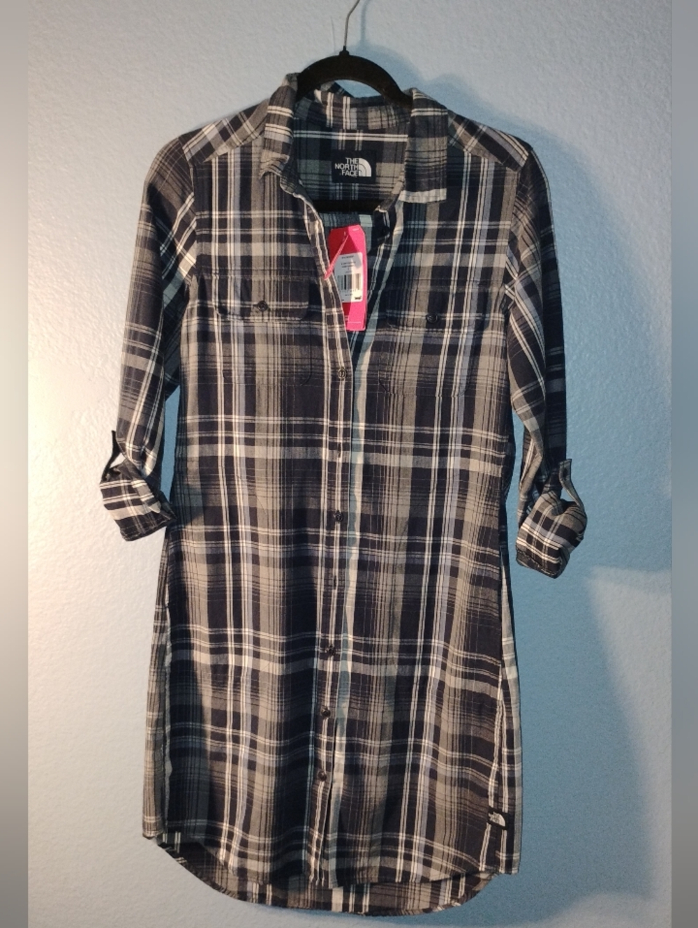 The North Face Women's Navy and White Plaid Midi Shirt Dress